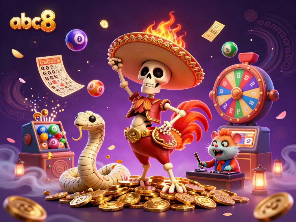 Watch the abc8 rooster celebrate on a golden coin pile with dynamic lottery elements.