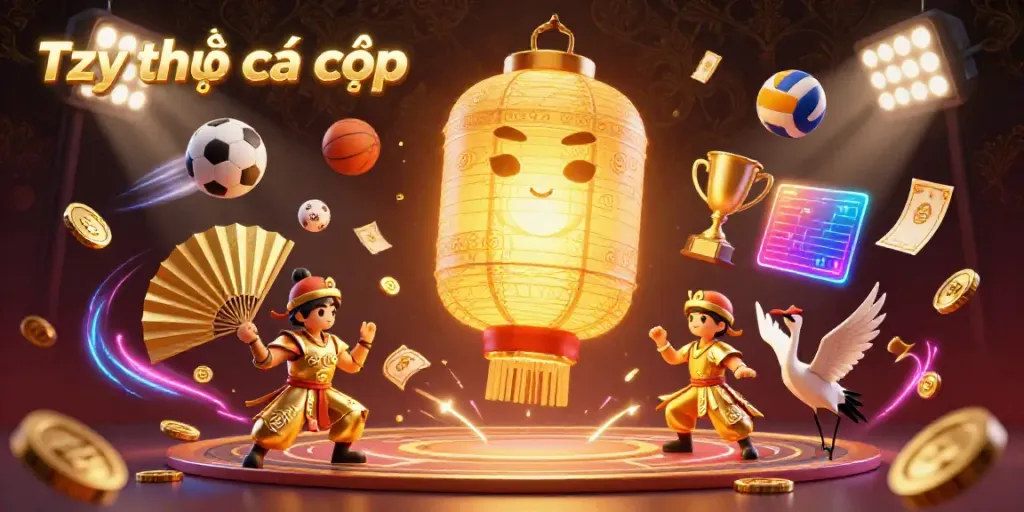Experience the excitement of Tỷ lệ cá cược with a vibrant 3D scene featuring golden spirits, sports elements, and dynamic energy.