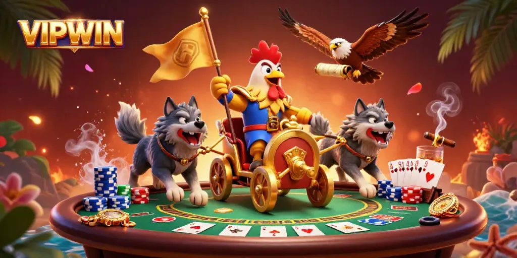 VIPWIN showcases a 3D cartoon rooster warlord leading a high-stakes poker scene with vibrant elements.