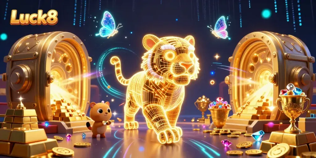 Experience the vibrant world of Luck8 with a stunning casino illustration featuring a neon tiger and treasure elements.