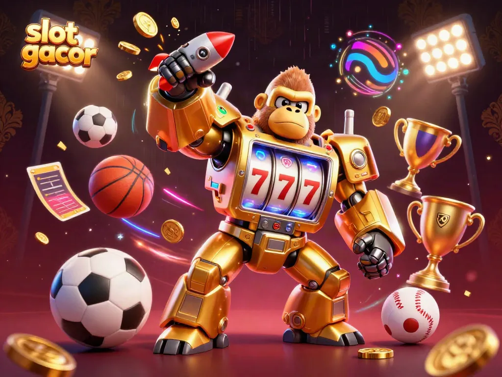 Experience winning with slot gacor visuals, featuring a slot mech surrounded by dynamic sports elements.