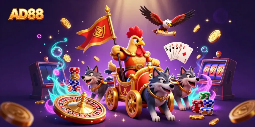 Experience thrilling gameplay at AD88 with a cartoon rooster warlord leading a dynamic casino adventure.