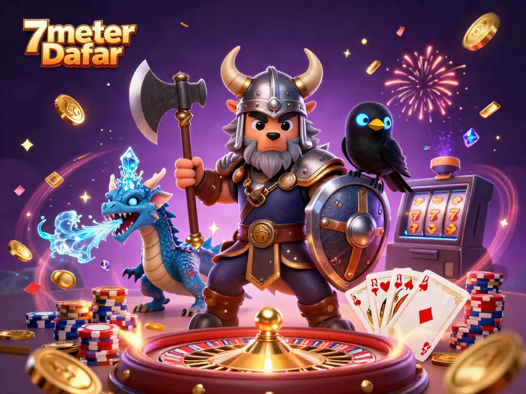 Engaging scene with a 3D wolf warrior and dragon promoting 7meter Daftar online games