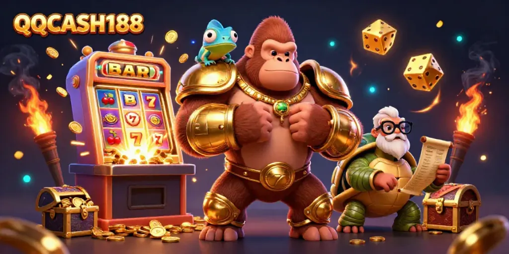 Experience the thrill of QQCASH188 with dynamic 3D characters and exciting casino elements in a vibrant scene.