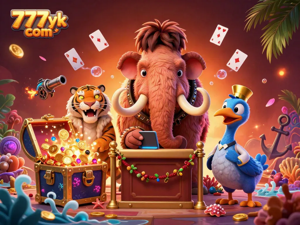 Experience the vibrant world of 777yk com, featuring a whimsical casino scene with a mammoth bouncer and treasures.