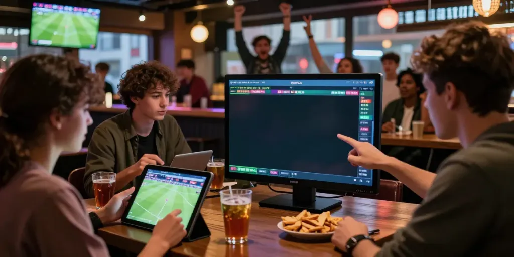 Exciting sports betting atmosphere at WWBOLA with fans cheering and analyzing match odds.