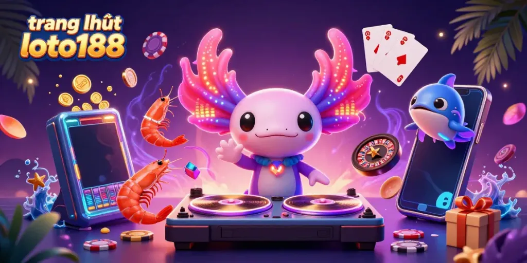 Experience vibrant gaming at trang chủ loto188 with a 3D neon-themed casino illustration featuring lively characters.