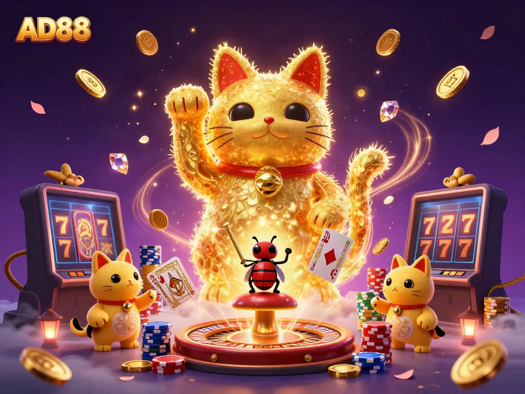 Experience winning moments with AD88: A giant lucky cat and vibrant casino symbols illuminated with 3D magic.