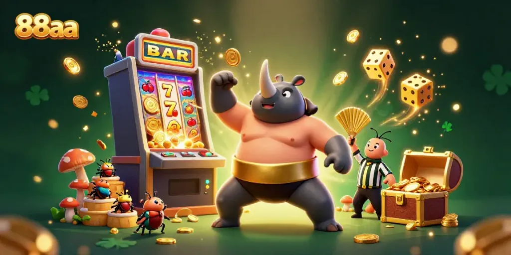 Engage with 88aa's vibrant 3D casino scene showcasing a beetle champion amidst coins and slot machine excitement.
