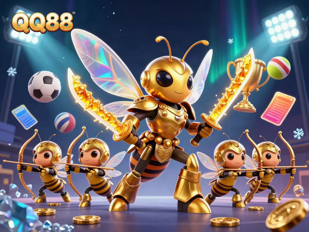 Experience thrilling gameplay at QQ88 with a vibrant 3D illustration featuring dynamic characters and casino elements.
