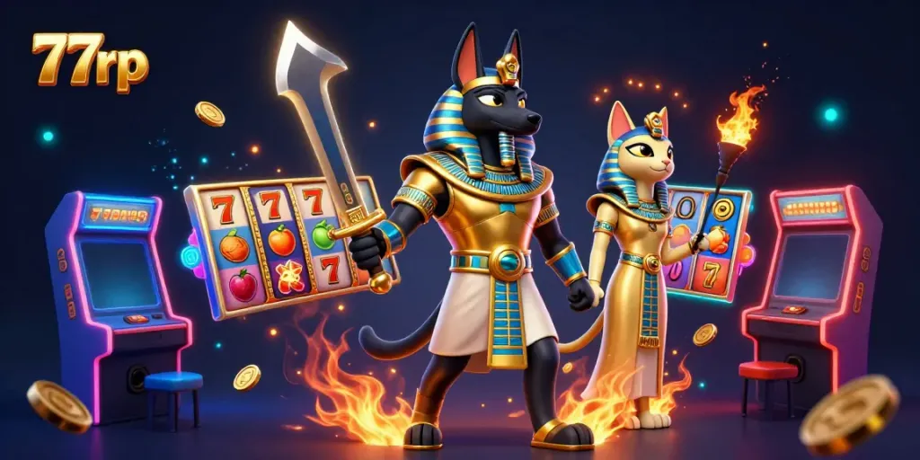 Experience thrilling slots at 77rp featuring Anubis and Bastet surrounded by rich casino elements.