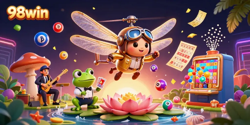Engage with the exciting 98win casino scene featuring colorful game elements and lively characters.