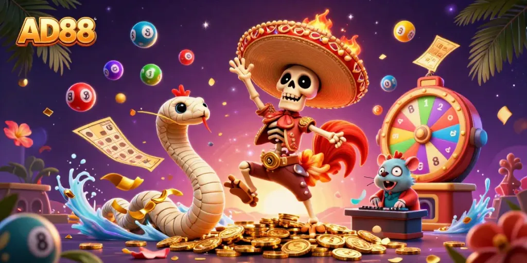 Engage with AD88's vibrant online gaming world featuring a lively 3D casino scene.