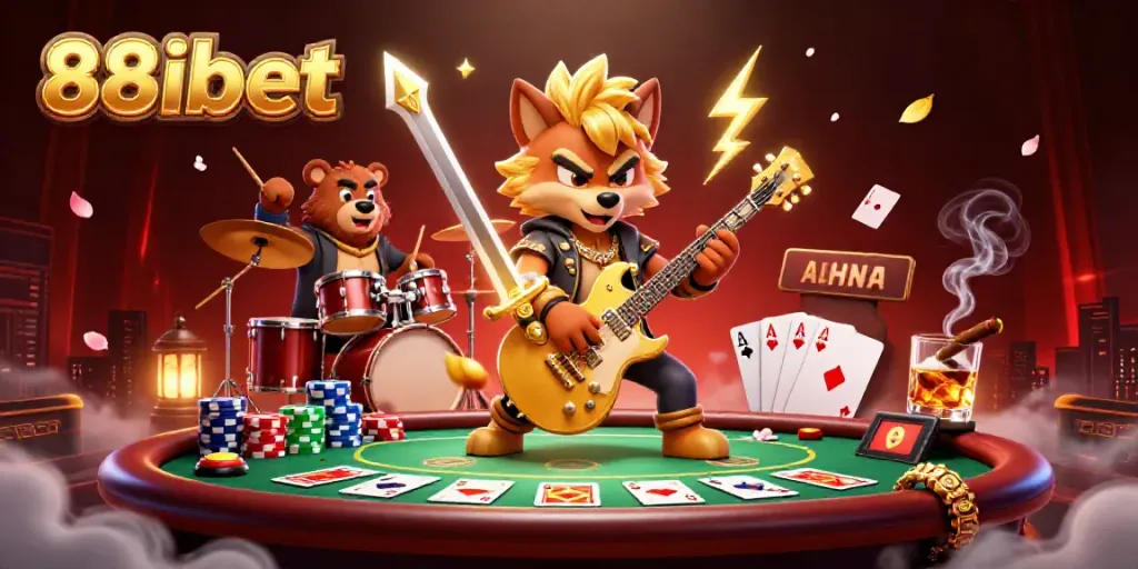 Experience the excitement of 88ibet with this vibrant 3D scene featuring a rock star wolf and drummer bear on stage amidst casino elements.