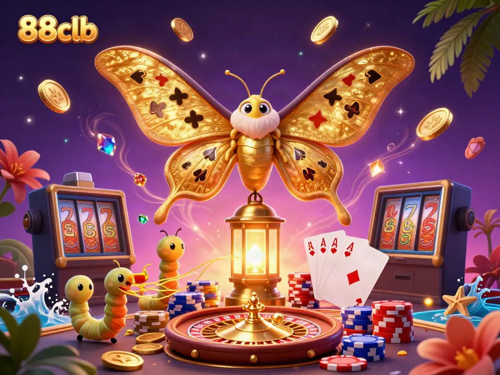 Experience thrilling gaming on 88clb with vibrant casino scenes featuring golden moths and magical coins.