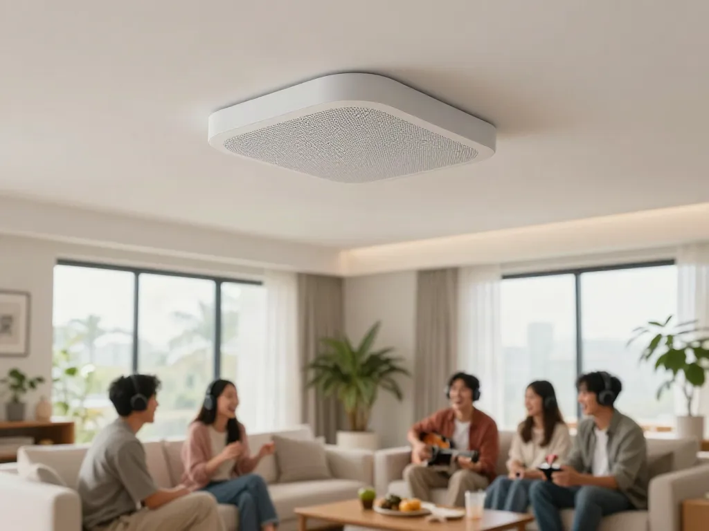 Spacious living room with a stylish ceiling speaker and family enjoying a vibrant atmosphere.