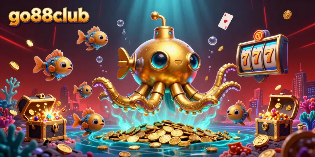 Join the thrilling adventures at go88club with a golden kraken submarine exploring a rich treasure sea.