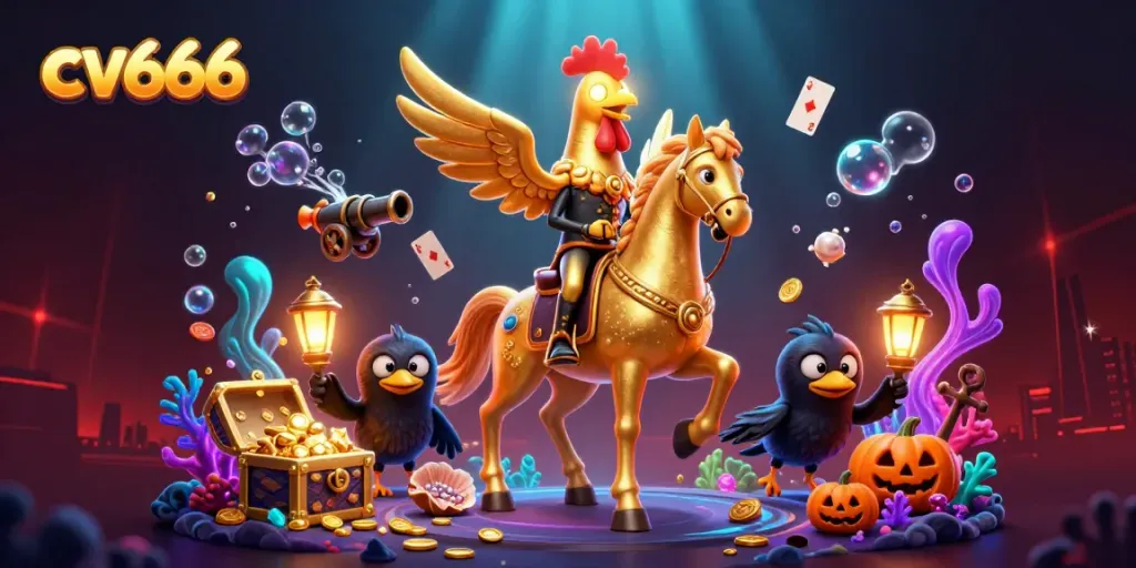 Experience the thrill of cv666 in a vibrant casino scene featuring a golden rooster and crow companions.