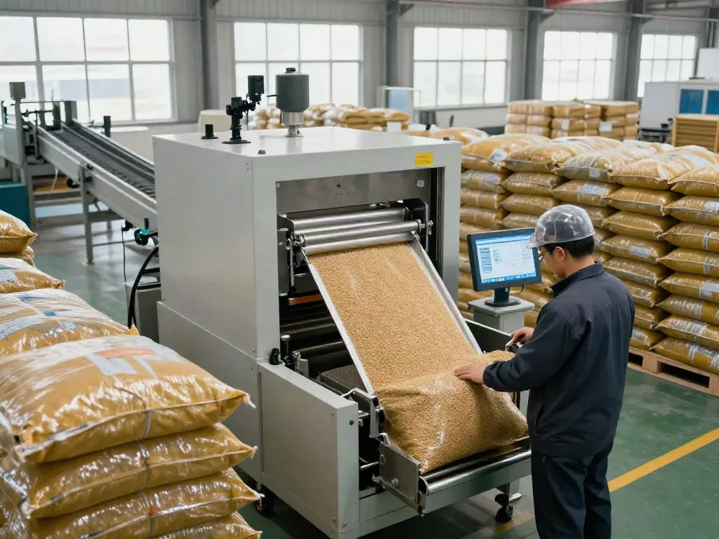 Open mouth bag filling machine in action, filling large bags with grains in a modern factory setting