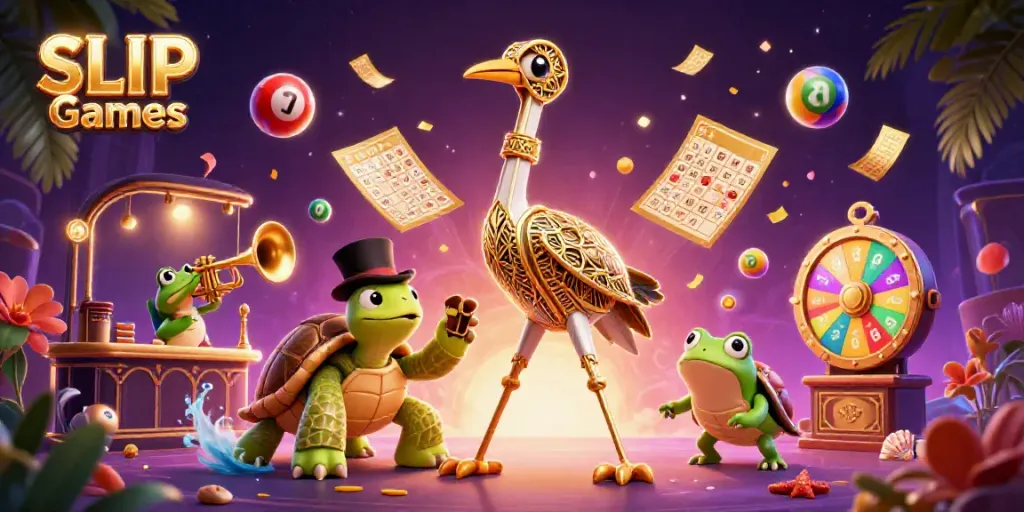 Engage with SLVIP Games featuring dynamic characters and vibrant game elements in a lively casino scene.