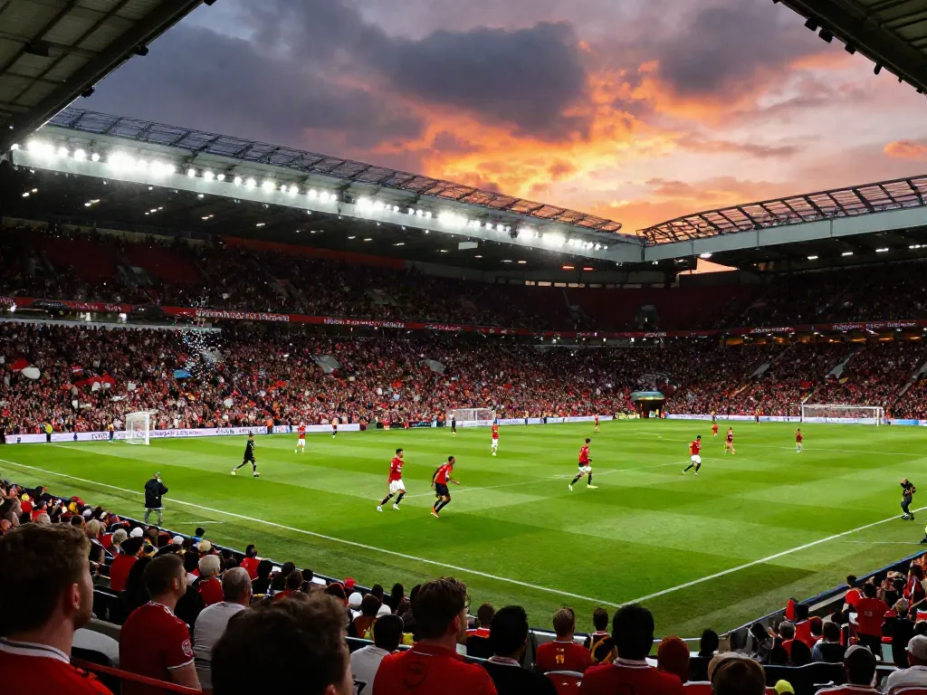Action-packed Manchester United vs Liverpool match showing players and enthusiastic fans.