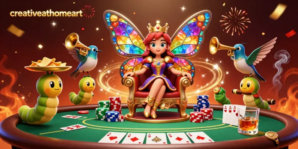 Experience creativeathomeart with a vibrant casino scene featuring a butterfly queen and poker elements.