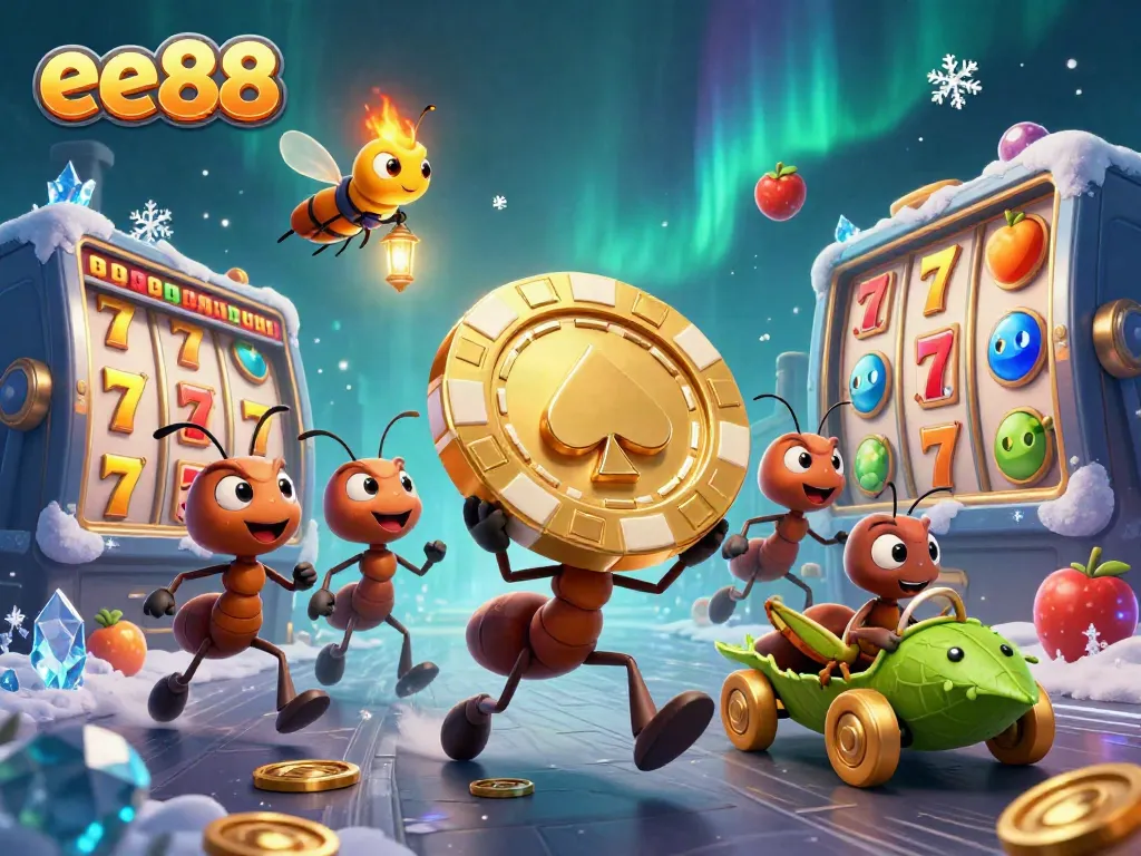 Experience thrilling wins at EE88 with cartoon ants heisting a giant poker chip in a dynamic casino scene.