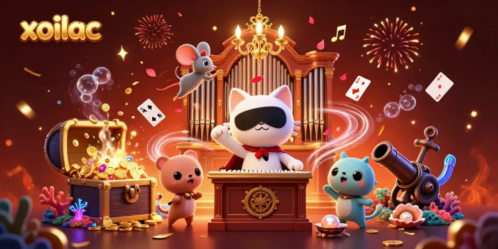 Engage with exciting betting action at xoilac, featuring a vibrant casino scene with a whimsical cat and mouse.
