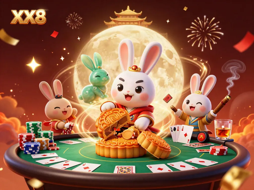 Engaging scene featuring the XX8 moon rabbit character interacting with poker chips, embodying casino excitement.