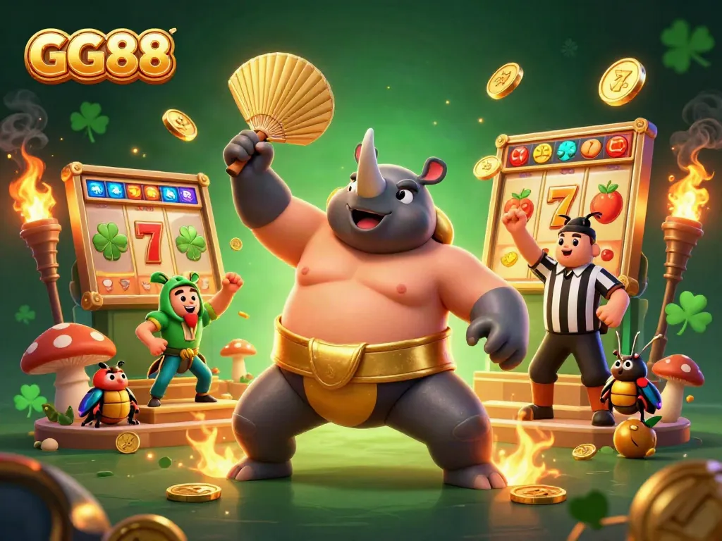 Watch GG88 the sumo champion beetle winning coins amidst a vibrant gambling scene.