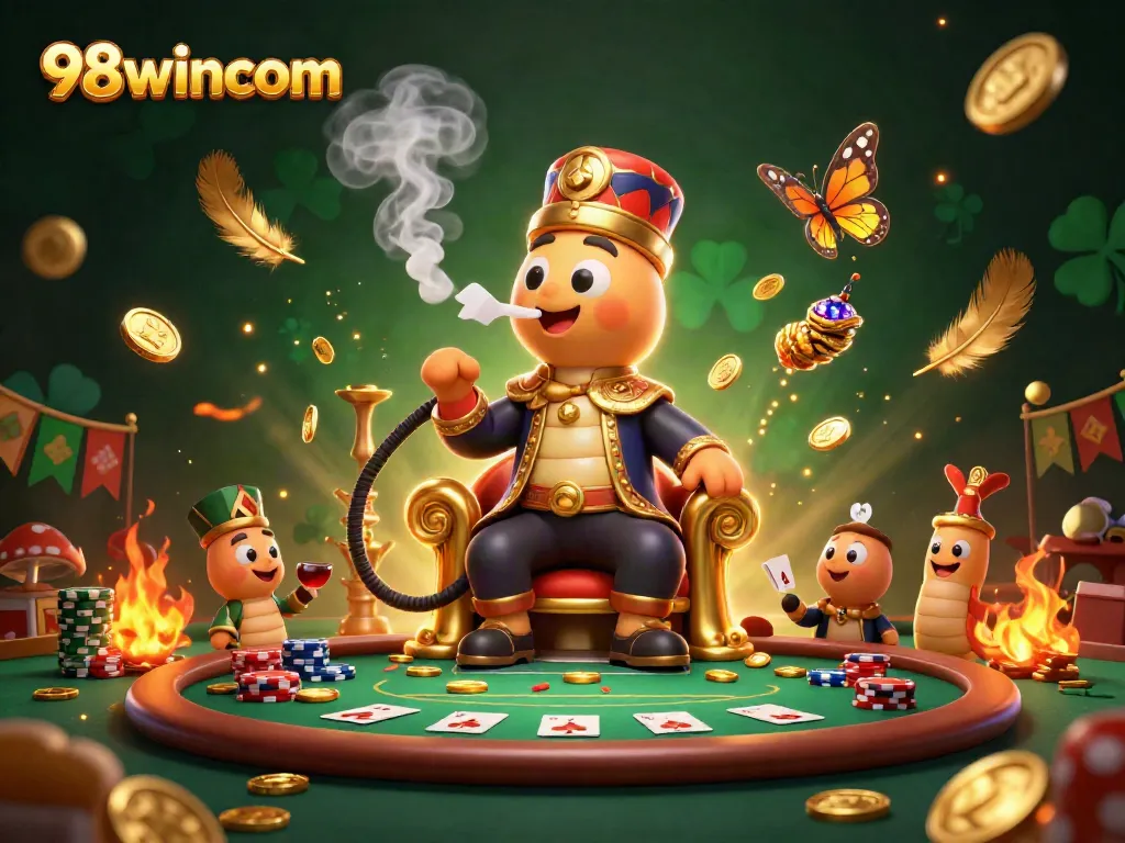 Experience the thrill of poker at 98wincom with a dynamic 3D scene of a magical caterpillar and poker elements.