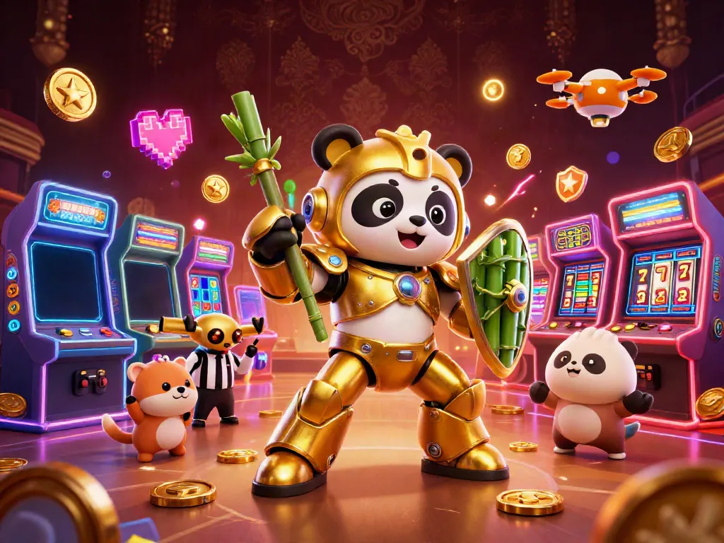 Engage with 78win's vibrant casino scene featuring a mech-suit panda in a dynamic gambling arena.