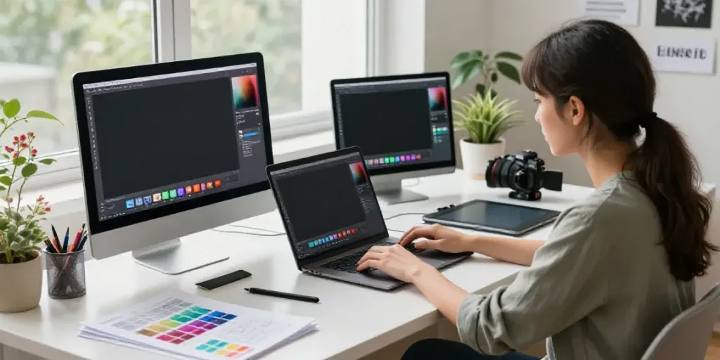 Graphic designer using an AI background image generator at a modern desk, showcasing creativity and innovation.