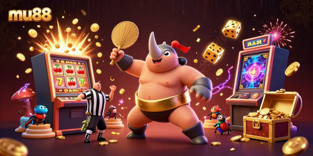 Experience the excitement of mu88 with a vibrant 3D casino-themed illustration showcasing a unique sumo champion beetle surrounded by jackpot elements.
