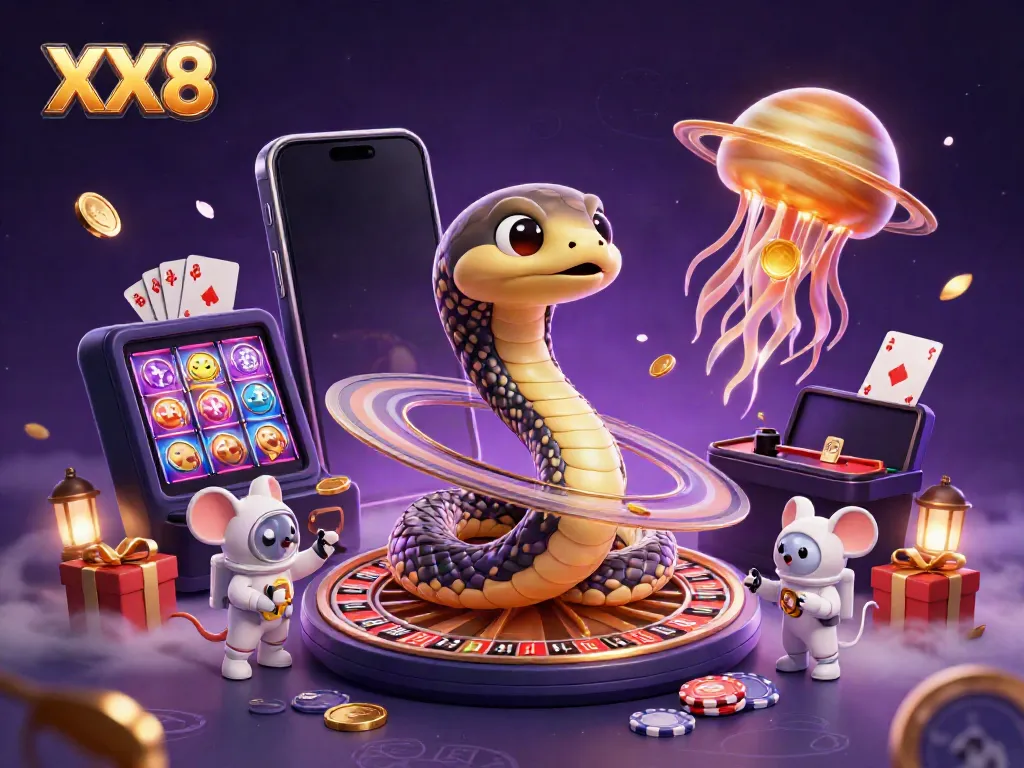 Engaging illustration of XX8, featuring a Saturn snake as a roulette wheel and astronaut mice betting.