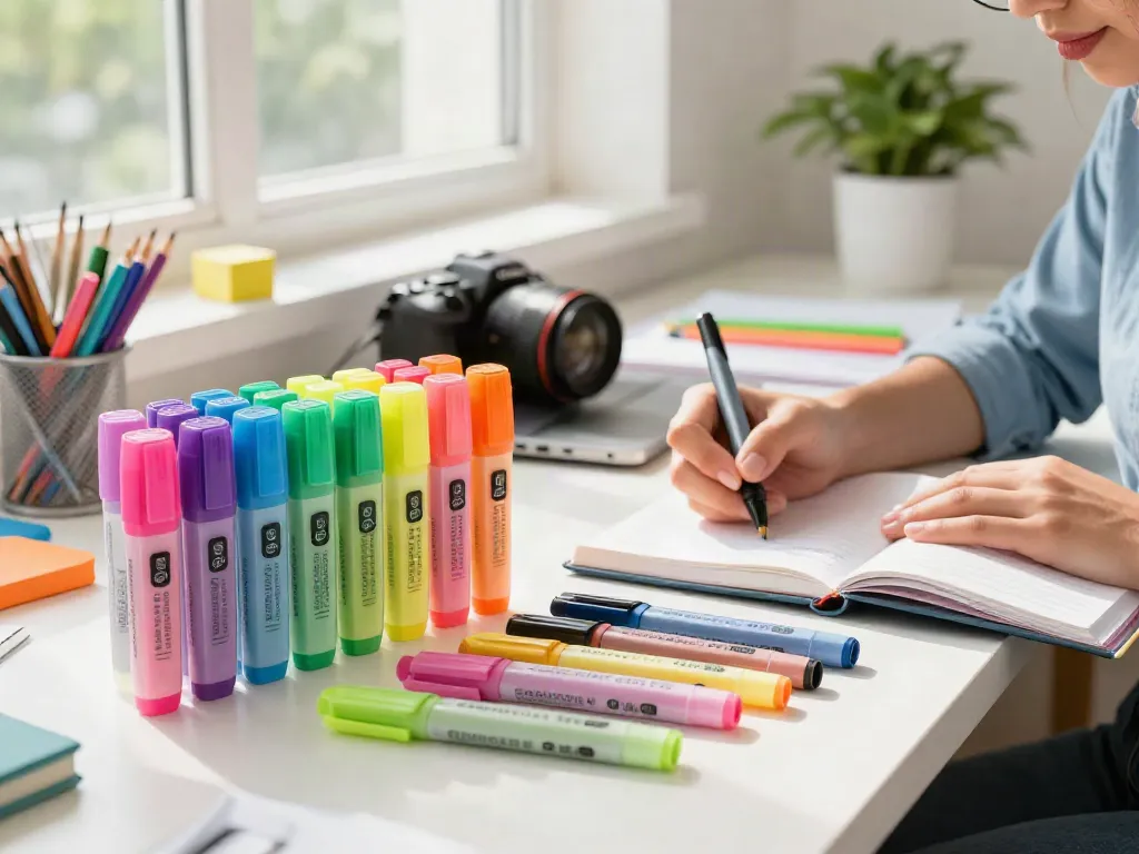 Highlighter manufacturer prominently showcasing colorful highlighters in a bright workspace.