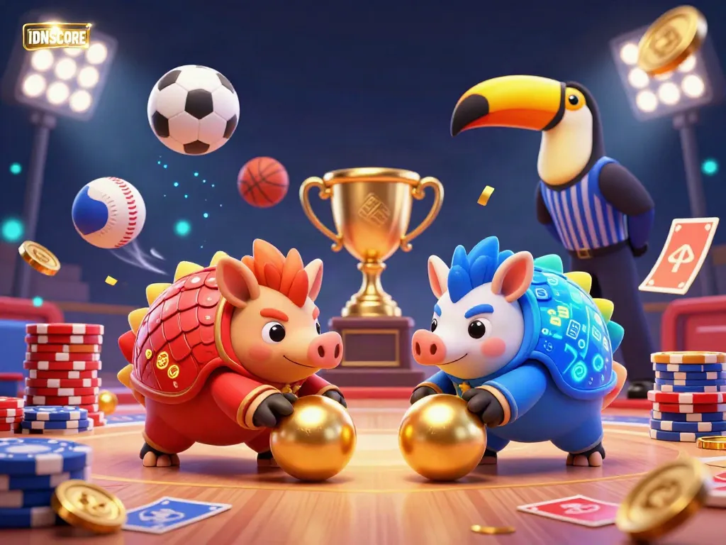 IDNSCORE portrays animated pangolins competing in a vibrant casino, showcasing excitement through poker chips and dynamic sports elements.