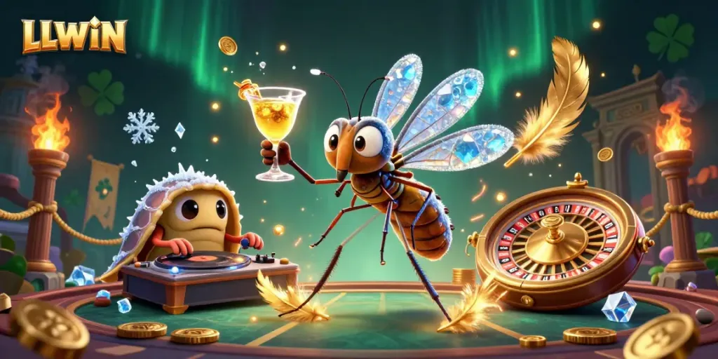 LLWIN casino scene featuring a frozen mosquito mascot, trilobite DJ, and golden roulette wheel.