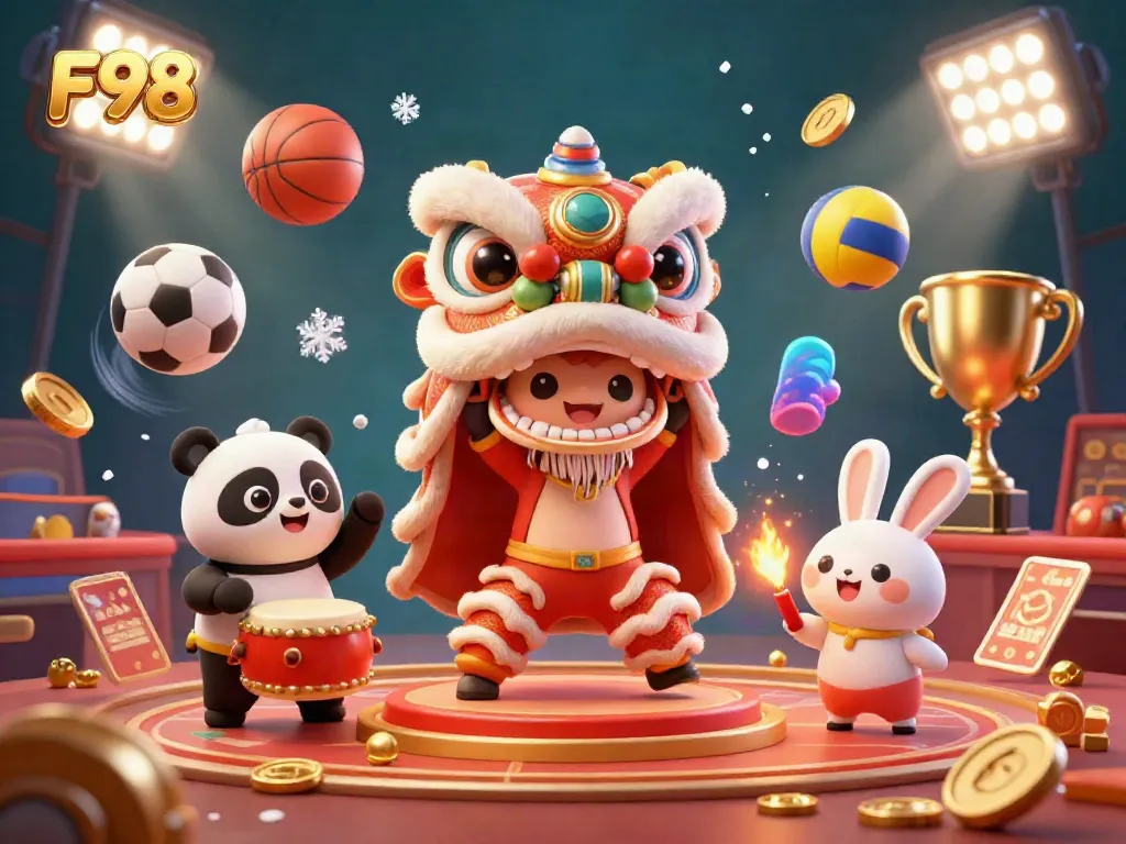 Experience excitement with the F98 lion dance in a vibrant casino scene featuring sports betting elements.