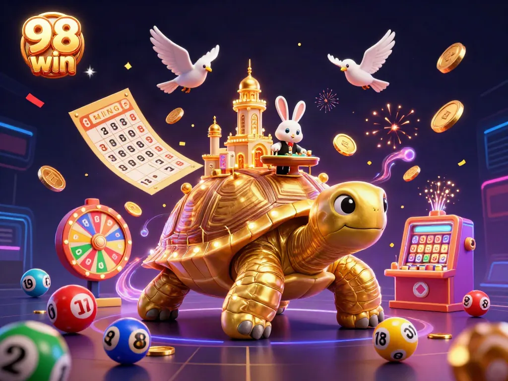 Engage in 98 win with vivid lottery and casino games in this celebratory 3D digital illustration.