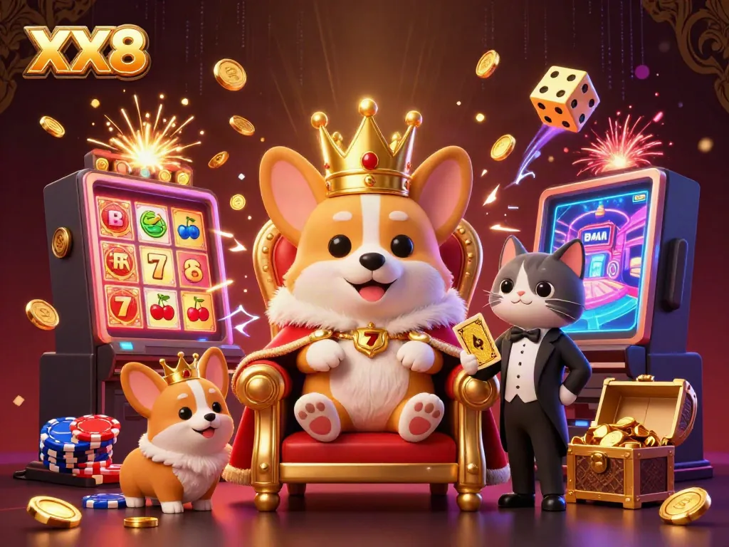 Experience the thrill of XX8 with a corgi royal seated on poker chips, amidst a vibrant casino scene.