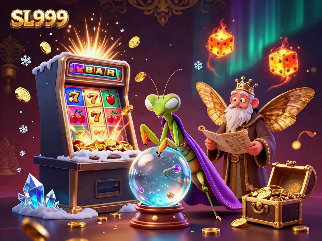 Experience the excitement of SL999's casino adventure with a vibrant 3D illustration featuring characters and games.