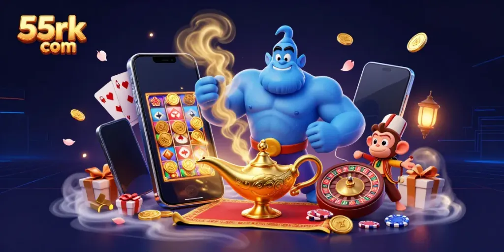 Engage with thrilling games at 55rk com, featuring vibrant slot themes with a magical genie.