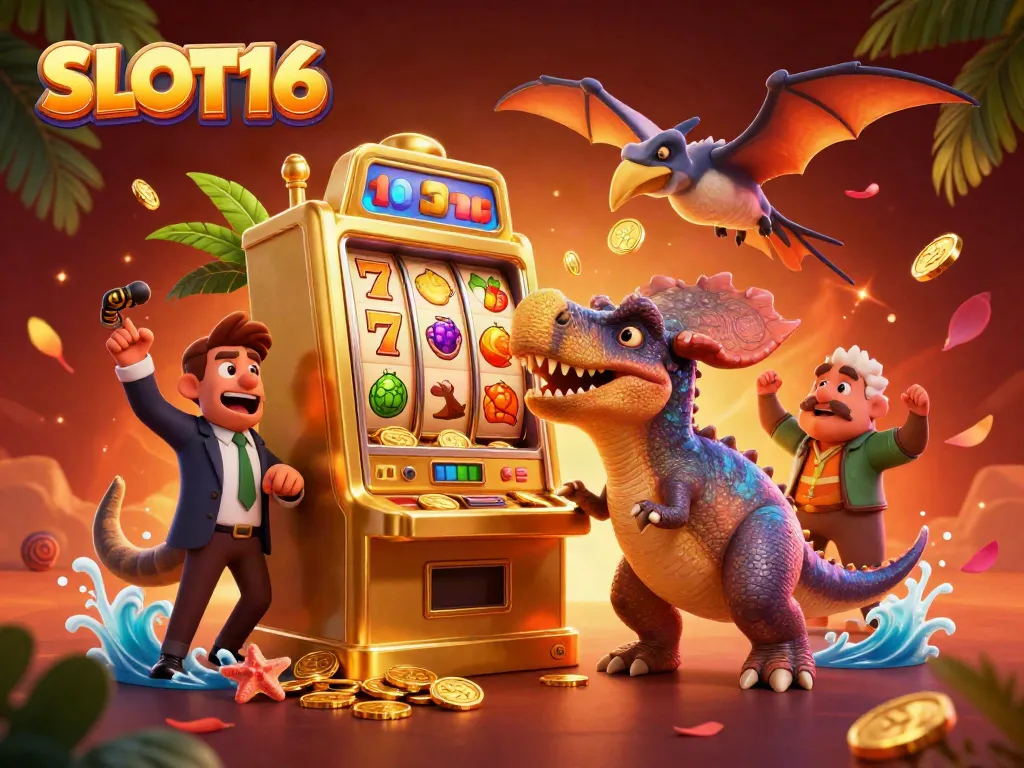 Watch SLOT16 come alive as a cartoon pachycephalosaurus hits a golden slot machine showering coins in a vibrant casino