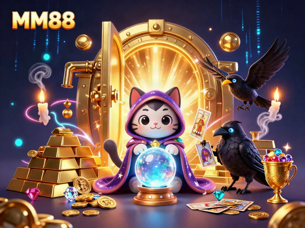 Experience the thrill of MM88 with a vibrant casino scene featuring a mystic cat, glowing raven, and rich treasures.
