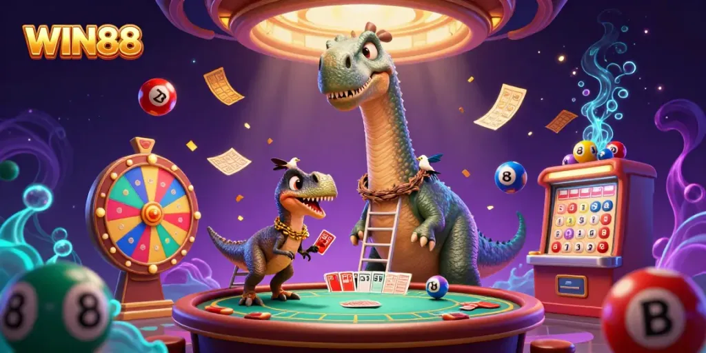 Feel the excitement of WIN88 with this vivid casino illustration showcasing a playful brontosaurus and raptor amidst dynamic game elements.