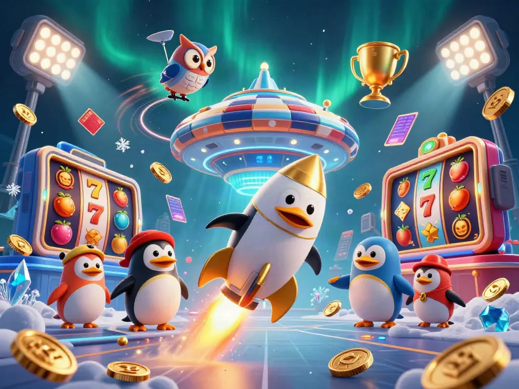 Engage with situs toto through a captivating illustration featuring a golden penguin and vibrant slot elements.