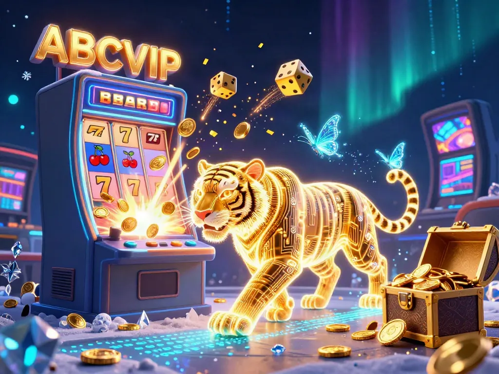 Experience the thrill of ABCVIP with a neon-wireframe golden tiger and a jackpot explosion in a dynamic casino scene.