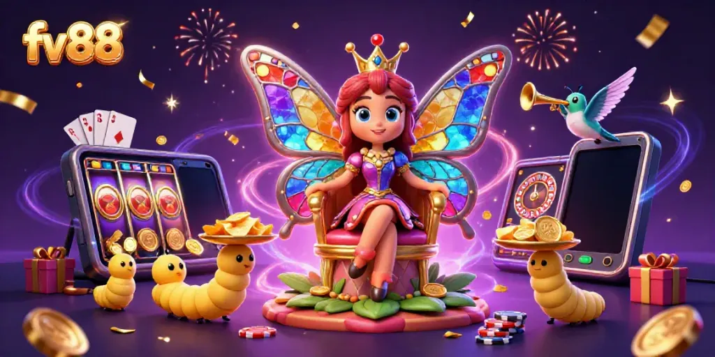 Engage with the vibrant world of fv 88, where a butterfly queen reigns over a magical casino.