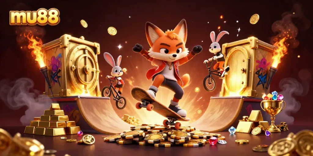Experience the thrill of mu88 with a dynamic 3D illustration of a fox and rabbit in a casino-themed setting, filled with treasure.